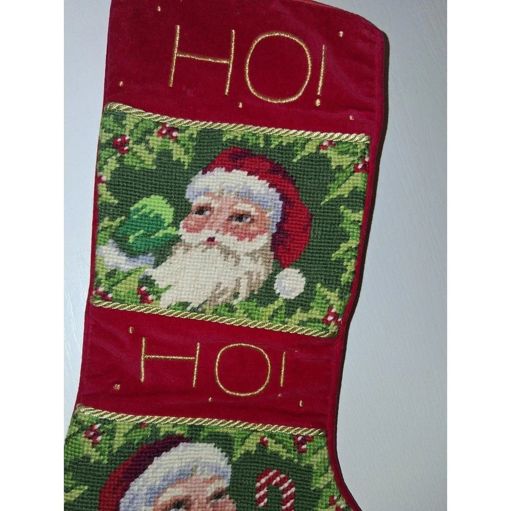 Vintage Needlepoint Santa Christmas Stocking Large Red Velvet HO HO HO Holiday
